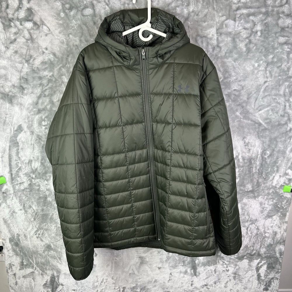 Under Armour Mens UA Insulated Hooded Jacket 3XL Green Full Zip Puffer Cold Gear